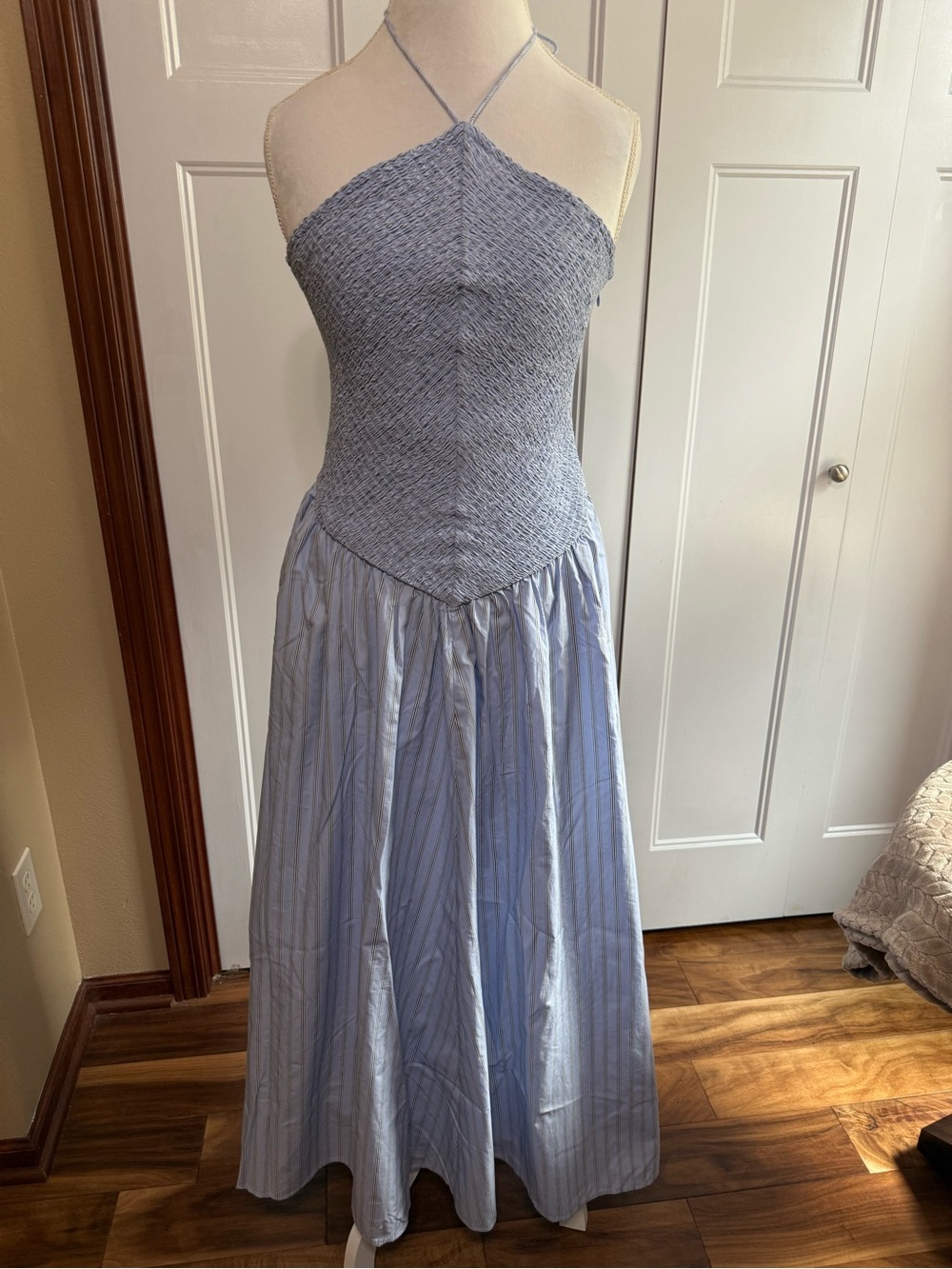 J. Crew Light Blue Halter Smocked Midi Dress in Stripe M - Picture 5 of 14